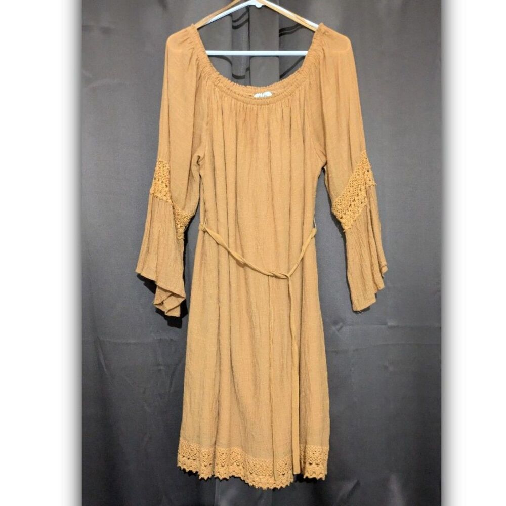 MPH Collection Dress XL Mustard Crochet Lace Flowy Boho Festival Peasant